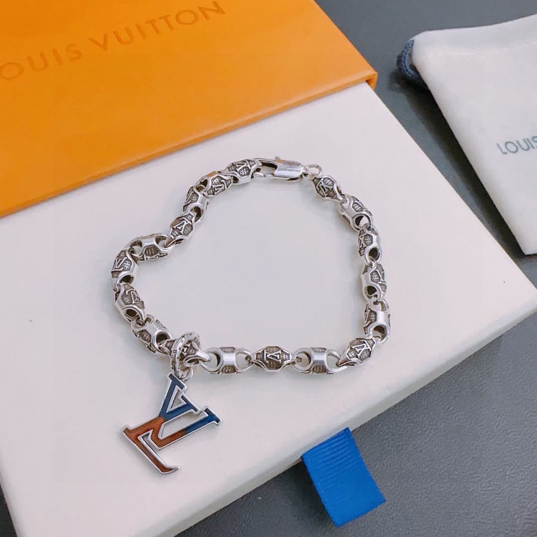 Louis Vuitton Silver Bracelet with LV Logo Charm